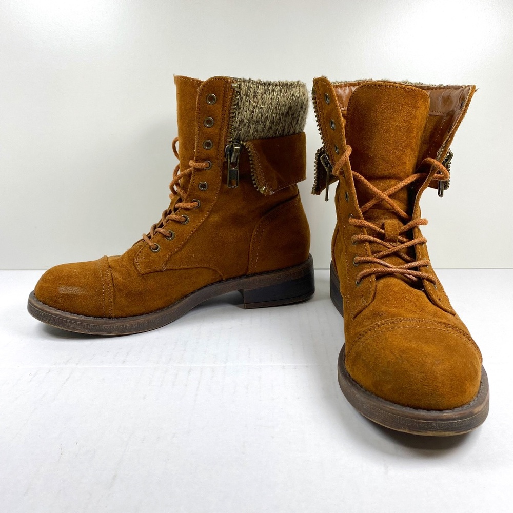 Just Fab Sarita Combat Boots Brown Color Knit Cuff Lace Up Size 5.5M